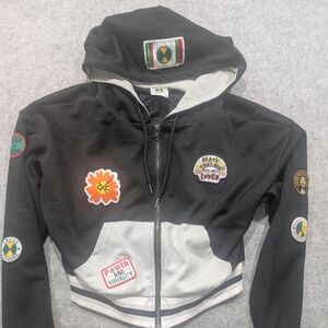 Cross Colors Colours Cropped Zip up Mesh Hoodie Streetwear Black Patches Medium